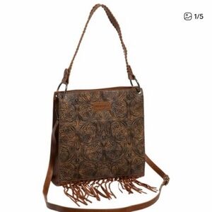 Wrangler Embossed Brown Shoulder Bag with Fringe